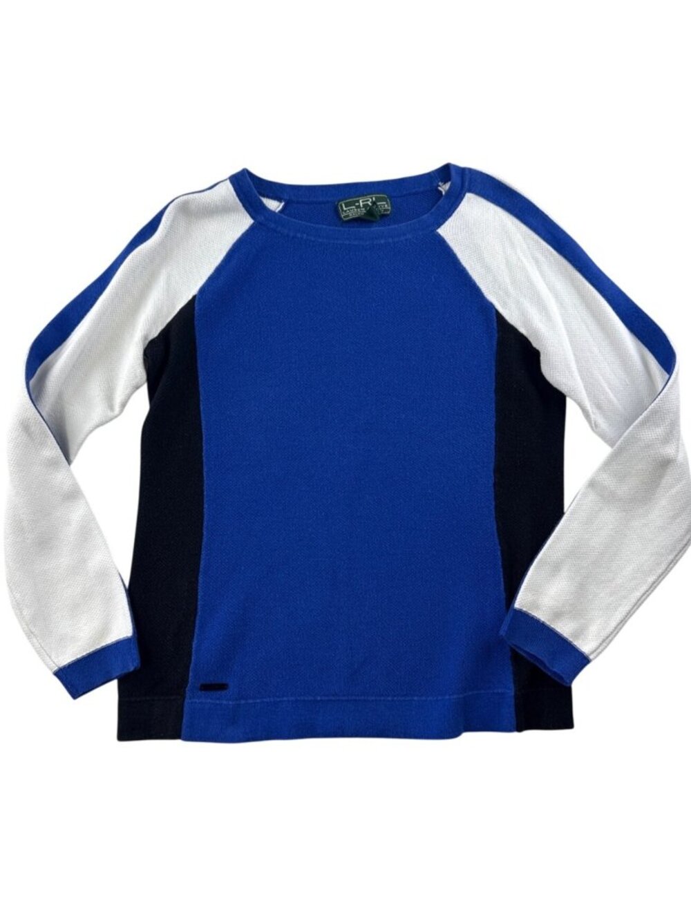 L-RL Lauren Active Ralph Lauren Womens M Blue Black White Colorblock Cotton Top